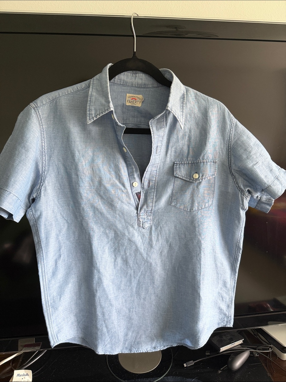 Faherty Light Blue Short-Sleeve Denim Polo Shirt